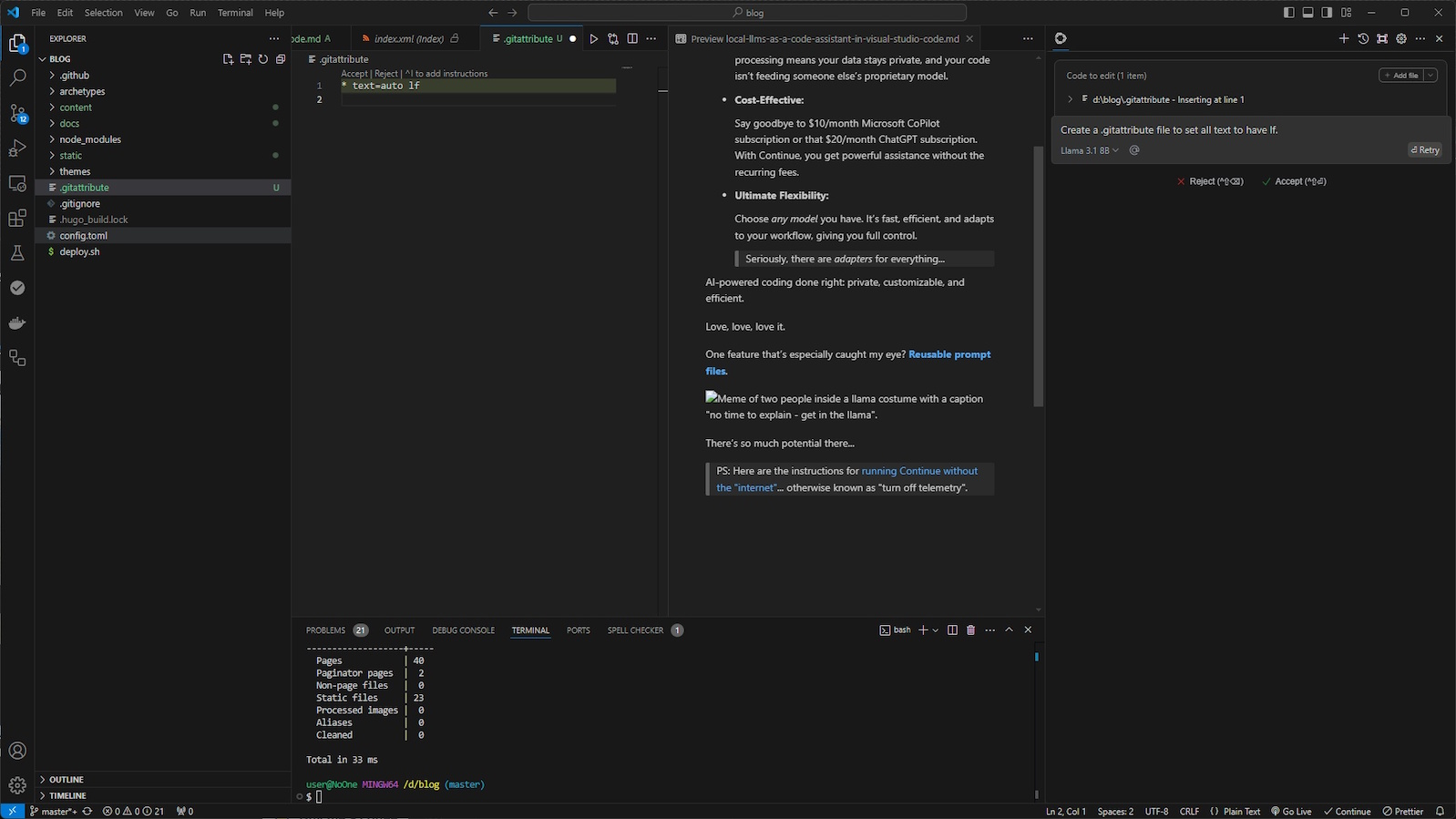 Screenshot of Visual Studio Code having used Continue to create a .gitattribute file.