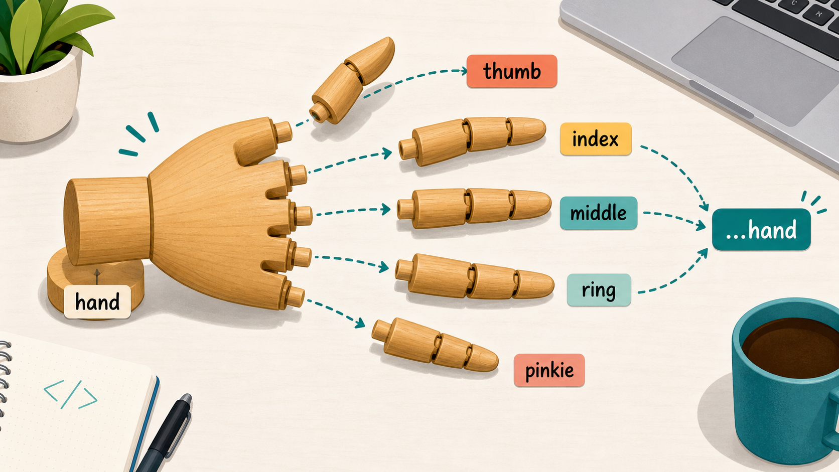 JavaScript spread syntax shown as detachable fingers from a hand