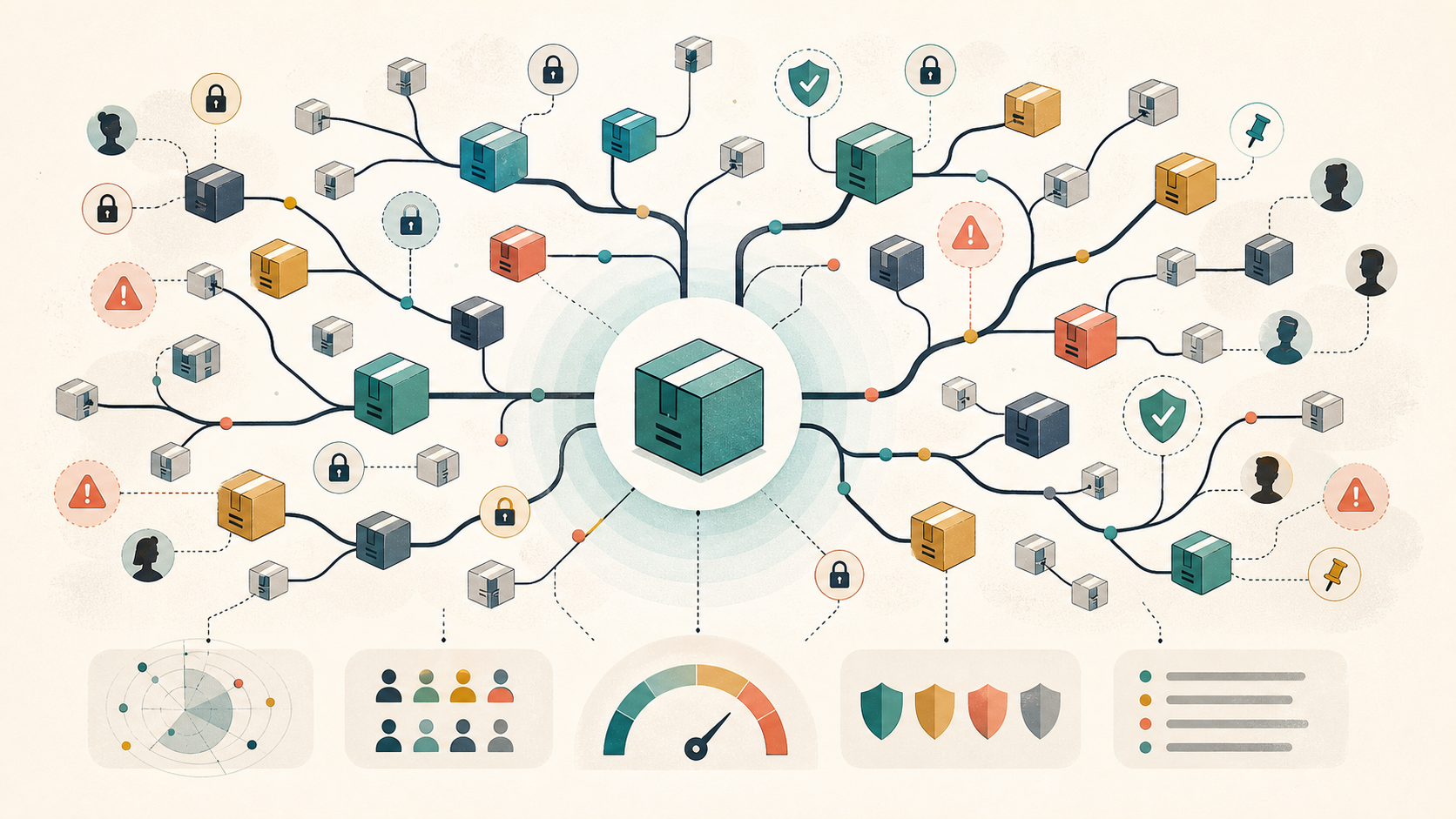 A central application package branches into many dependency boxes, locks, warning markers, maintainers, version pins, and security shields.