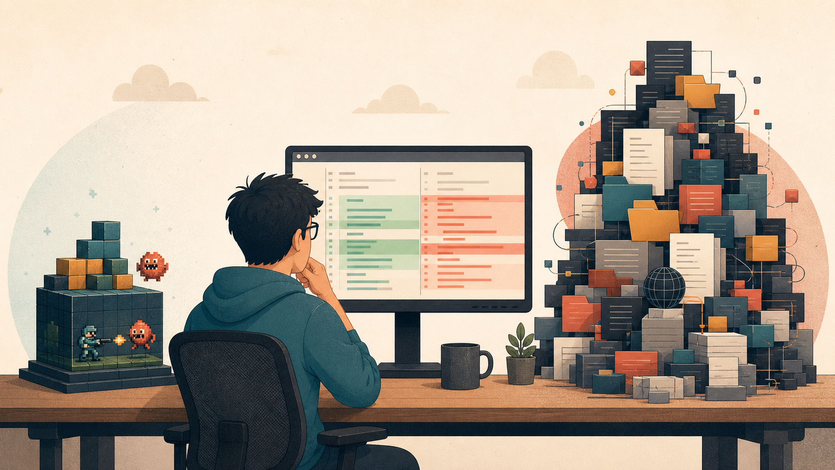 A developer studies a pull request diff beside a small retro game-engine display and a much larger pile of modern web project files.