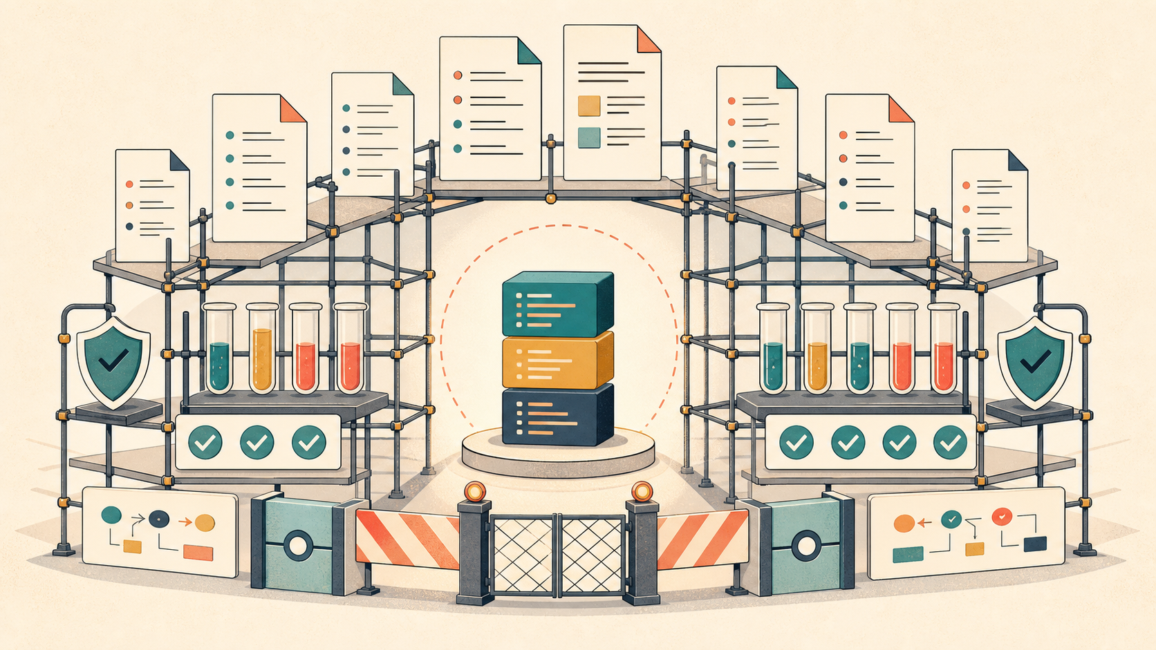 A small core of functional code is surrounded by larger documentation, testing, guardrail, and quality-gate scaffolding.